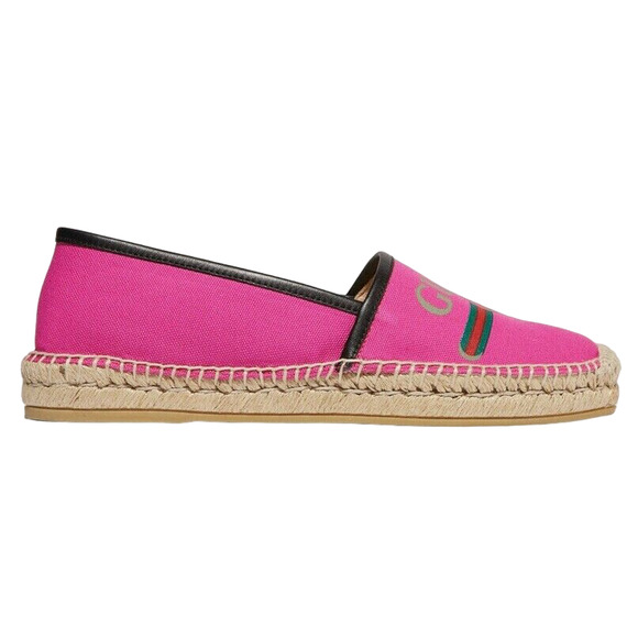 Gucci Pilar Pink Canvas Black Leather Trim GG Logo Print Flat Espadrilles 37.5 - Picture 1 of 12